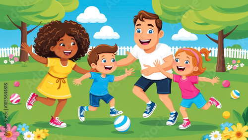 Happy family mom dad and kids playing ball in summer park, cartoon style, flat design illustration