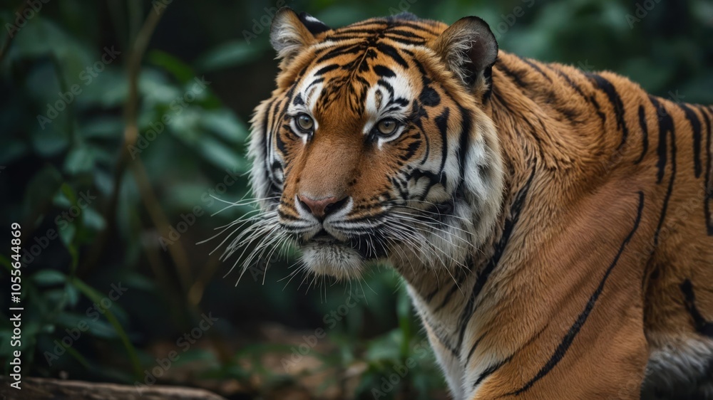 A close-up of a majestic tiger in a lush, green environment. A close-up of a majestic tiger in a lush, green environment.