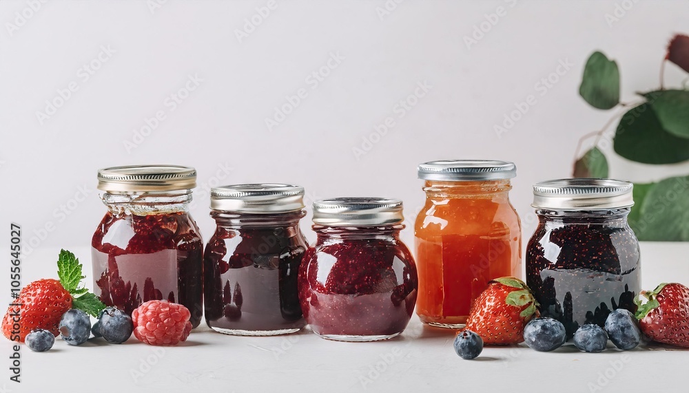 Homemade assortment of berry and fruit jams in jars. Summer harvest in sweet preserves, confitures or jams Homemade assortment of berry and fruit jams in jars. Summer harvest in sweet preserves, confitures or jams
