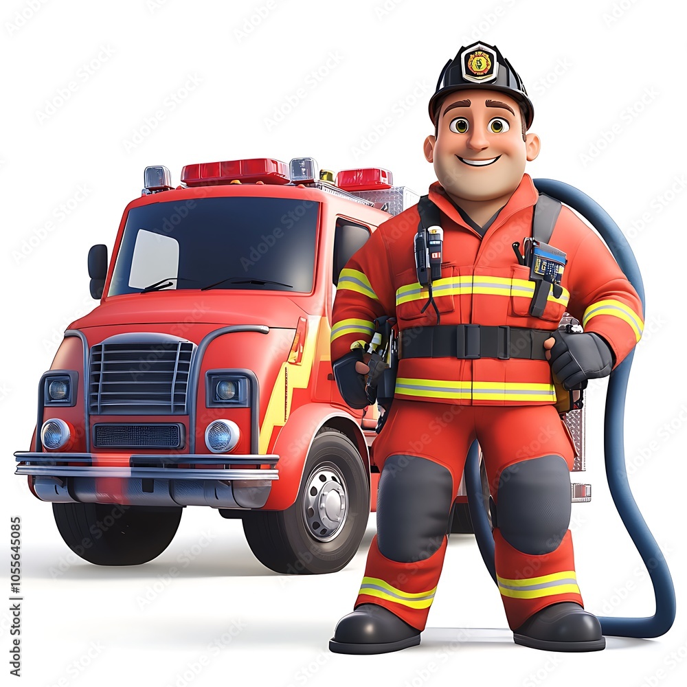 Fototapeta premium A cheerful cartoon firefighter in a bright uniform, holding a hose and smiling proudly next to a fire truck on a white background.