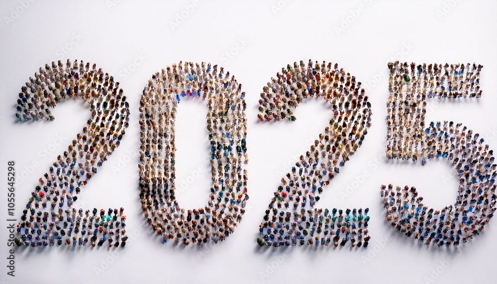 Human crowd forming a text 2025 on white background. Horizontal composition with copy space Human crowd forming a text 2025 on white background. Horizontal composition with copy space