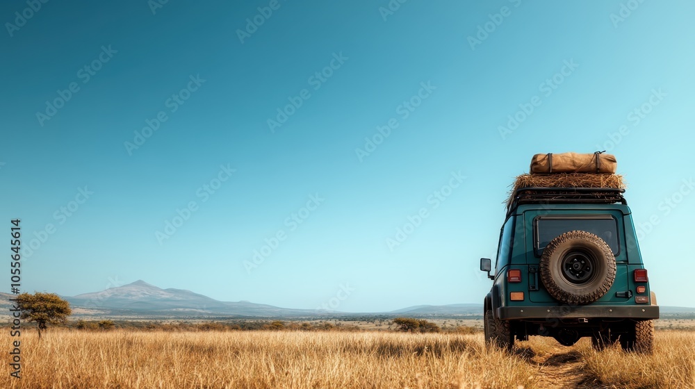 A lone vehicle is parked in the expansive savannah with a mountain backdrop, capturing a moment of solitude and exploration in a vast natural setting. A lone vehicle is parked in the expansive savannah with a mountain backdrop, capturing a moment of solitude and exploration in a vast natural setting.