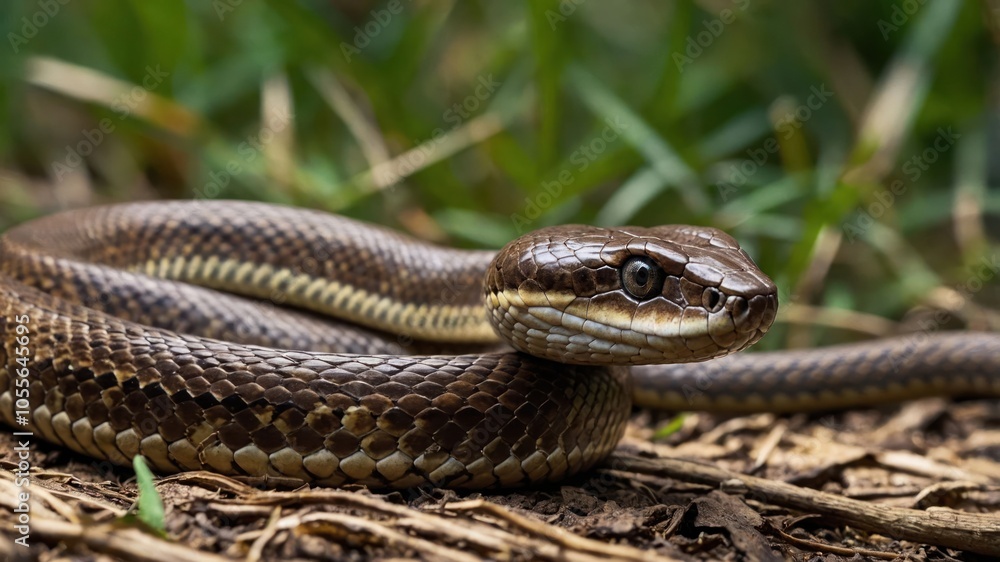 A close-up of a brown snake resting on the ground among grass and leaves. A close-up of a brown snake resting on the ground among grass and leaves.