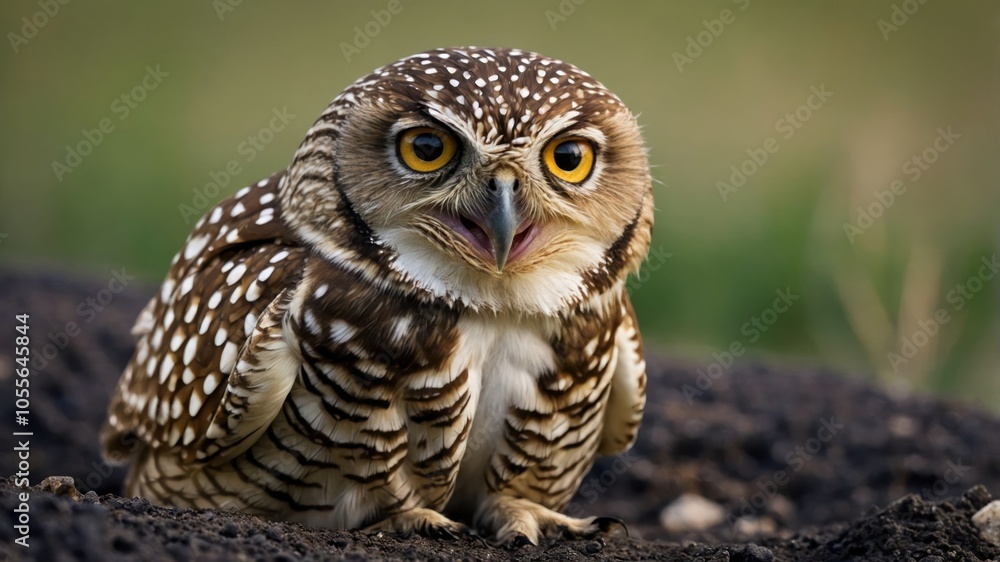 A close-up of a burrowing owl perched on the ground, showcasing its distinctive features. A close-up of a burrowing owl perched on the ground, showcasing its distinctive features.