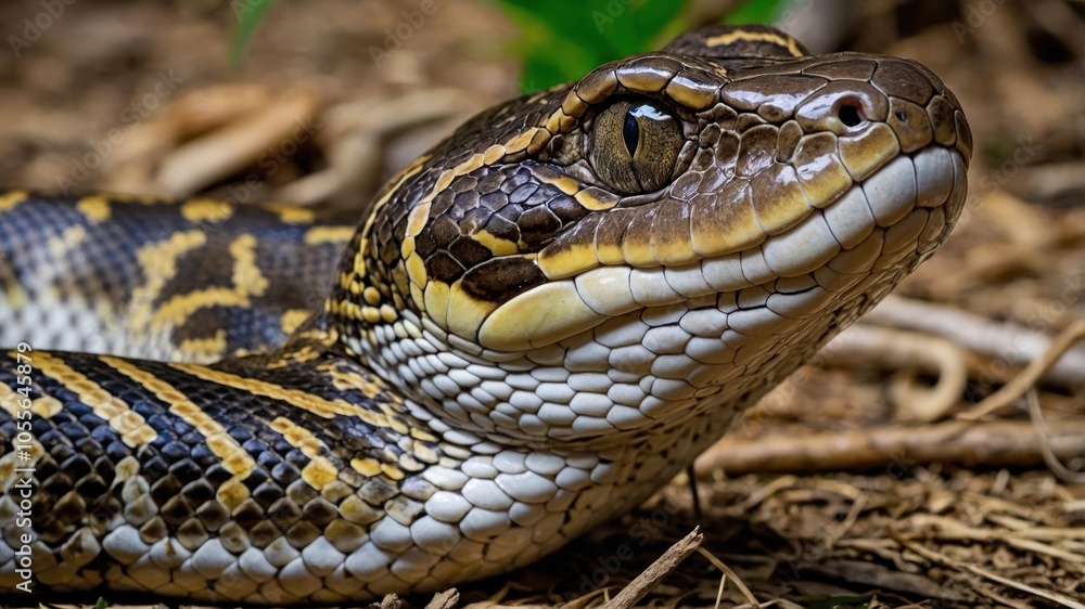 A close-up of a snake showcasing its scales and features in a natural setting. A close-up of a snake showcasing its scales and features in a natural setting.