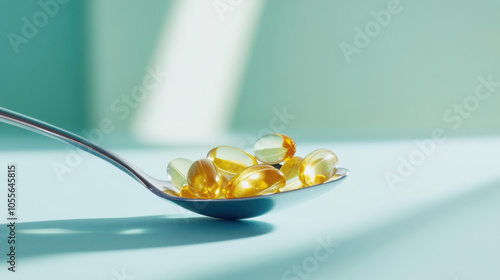 Side view of omega 3 capsules on a spoon – health and dietary supplement concept photo