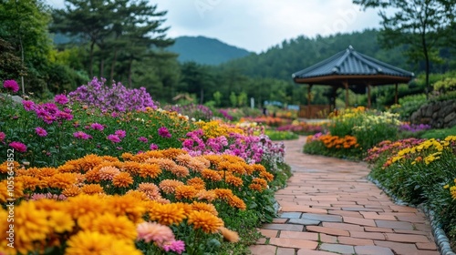 Brick Path Through a Colorful Flower Garden