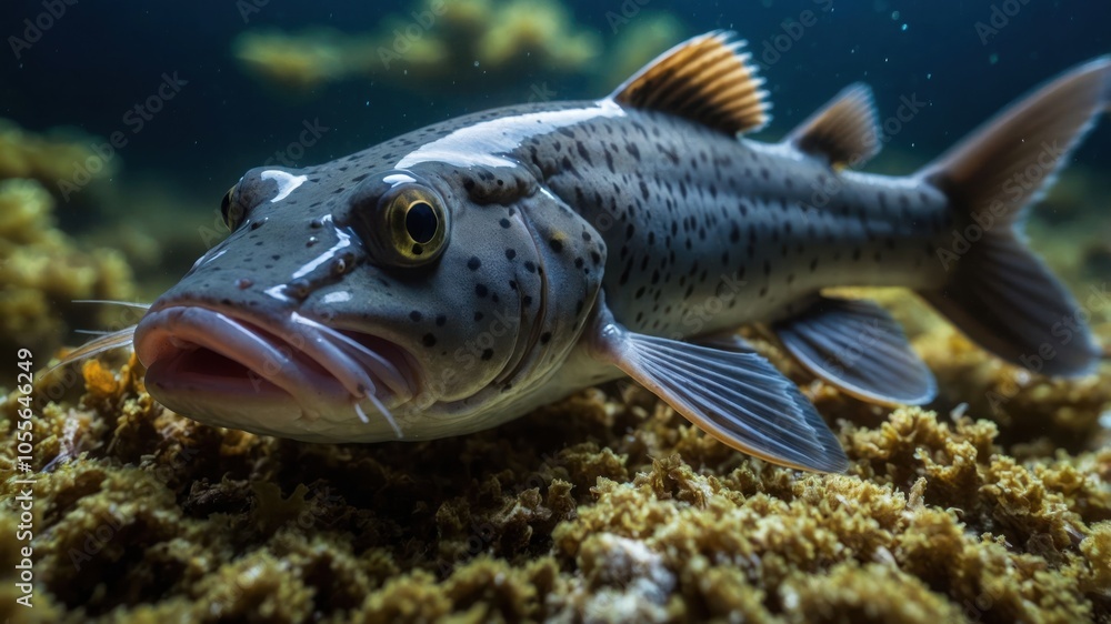 An underwater close-up of a fish resting on a coral reef. An underwater close-up of a fish resting on a coral reef.