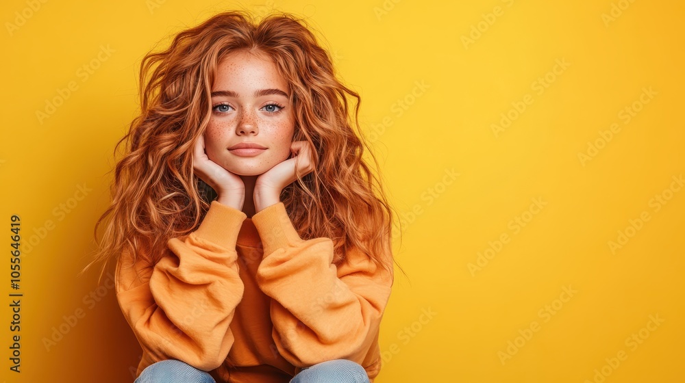 A mesmerizing redheaded girl with vibrant curly hair and freckles rests her chin on her hands, exuding a mix of poise and curiosity against a bold yellow background. A mesmerizing redheaded girl with vibrant curly hair and freckles rests her chin on her hands, exuding a mix of poise and curiosity against a bold yellow background.
