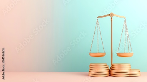 Wallpaper Mural A minimalist wooden balance scale on stacked coins against a soft gradient backdrop, symbolizing justice and financial equity. Torontodigital.ca