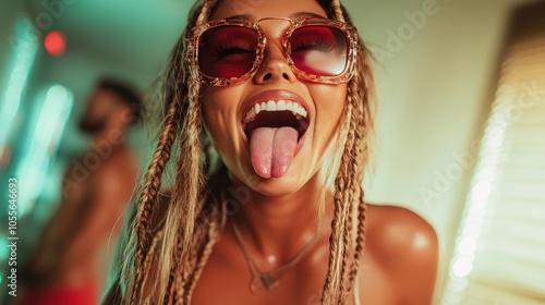 A playful woman with braided hair, wearing oversized sunglasses and sticking out her tongue, captures a moment of spontaneous fun in a vibrant setting.