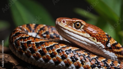 A close-up of a colorful snake resting on a branch, surrounded by green foliage.