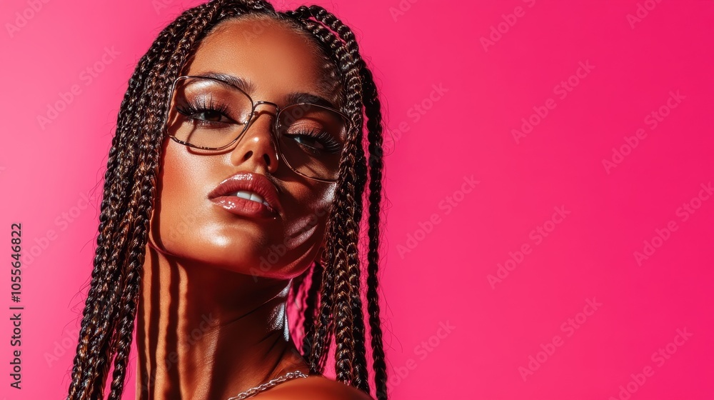 A glamorous woman with intricately styled braids and wearing eye-catching glasses poses against a vibrant, glossy red backdrop, exuding confidence and style. A glamorous woman with intricately styled braids and wearing eye-catching glasses poses against a vibrant, glossy red backdrop, exuding confidence and style.