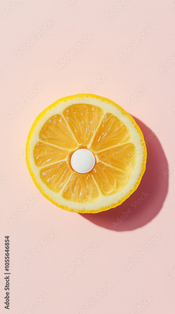 Vitamin c concept with sliced lemon and vitamin tablet for health and wellness design Vitamin c concept with sliced lemon and vitamin tablet for health and wellness design