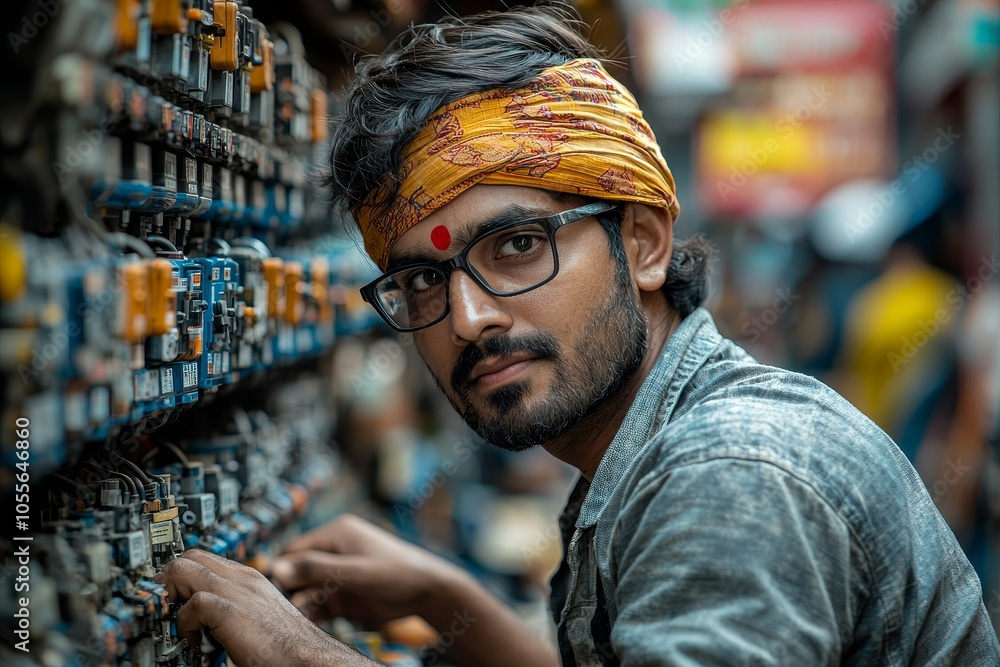 Skilled electrician in traditional headband connecting complex wiring outdoor Skilled electrician in traditional headband connecting complex wiring outdoor