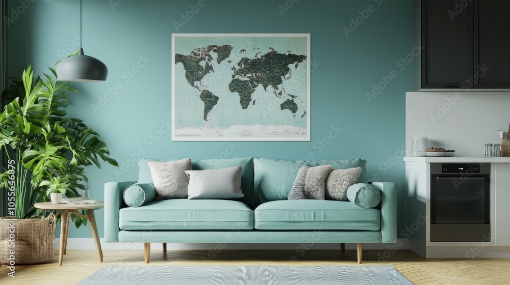 Cozy living room with a world map and lush plant decor. Cozy living room with a world map and lush plant decor.