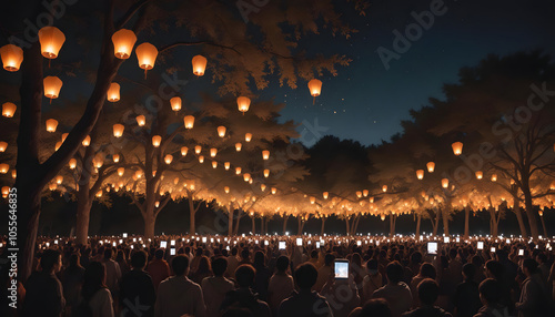 A crowd of people is releasing glowing lanterns into the sky in celebration of Vesak Day. photo