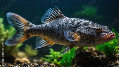 A close-up of a spotted fish swimming in an aquarium with aquatic plants.