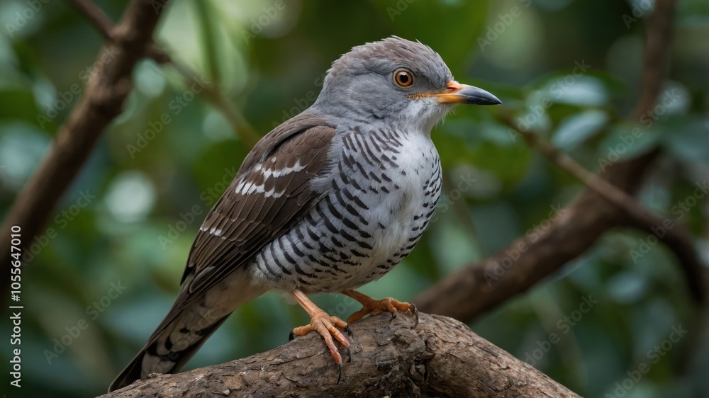 A detailed image of a bird perched on a branch amidst green foliage. A detailed image of a bird perched on a branch amidst green foliage.