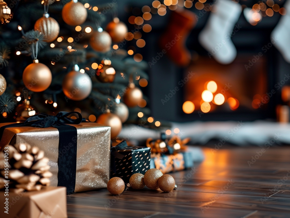 A close-up image of a beautifully decorated Christmas tree, surrounded by wrapped gifts, in a warmly lit living room. A close-up image of a beautifully decorated Christmas tree, surrounded by wrapped gifts, in a warmly lit living room.