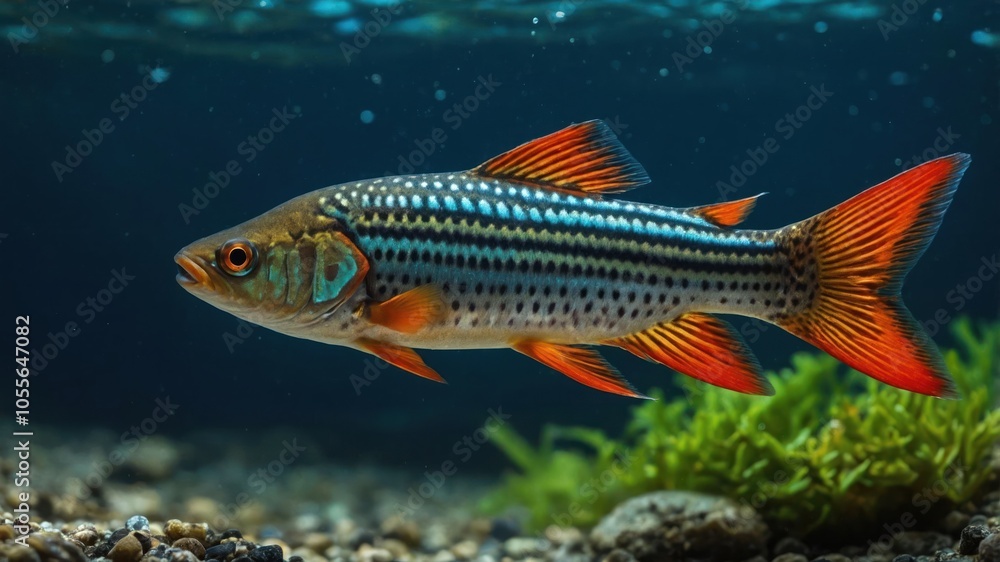 A vibrant fish swimming in an aquarium, showcasing its colorful fins and patterns. A vibrant fish swimming in an aquarium, showcasing its colorful fins and patterns.