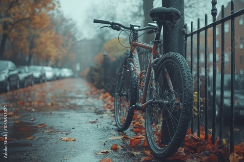 A lone bicycle sits on a sidewalk covered in fallen autumn leaves, with a row of parked cars and a hazy, gray sky behind it.