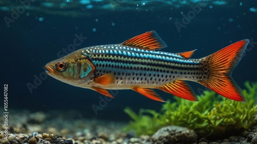 A vibrant fish swimming in an aquarium, showcasing its colorful fins and patterns.