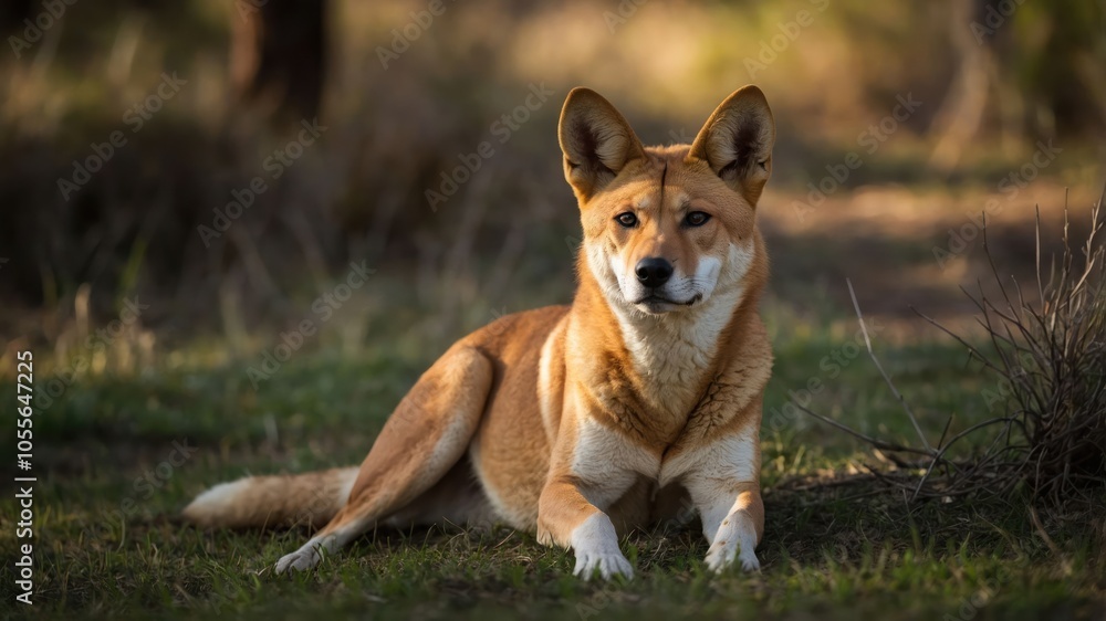A dingo rests peacefully on the grass, surrounded by a natural landscape. A dingo rests peacefully on the grass, surrounded by a natural landscape.