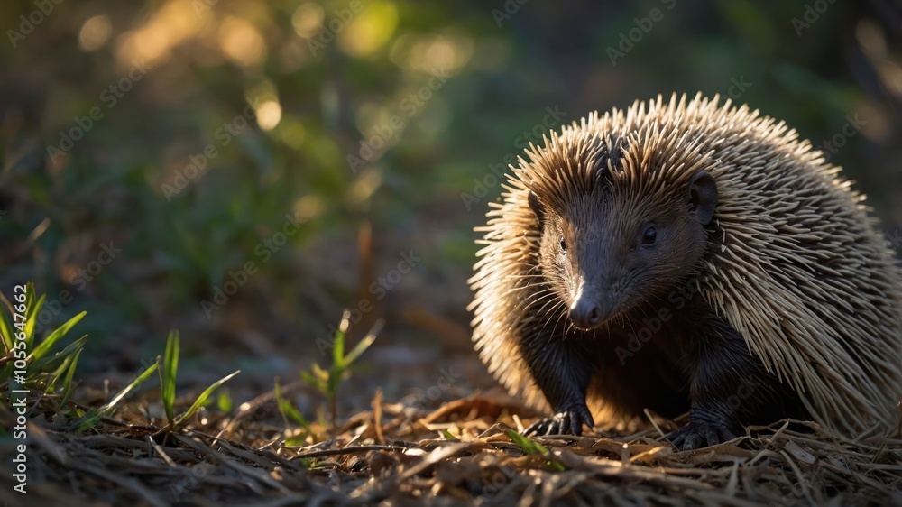 A close-up of an echidna in a natural setting, showcasing its unique spiny texture. A close-up of an echidna in a natural setting, showcasing its unique spiny texture.