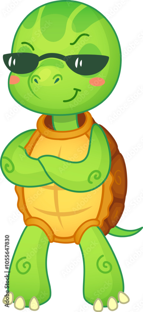 Obraz premium Stylish cartoon turtle with sunglasses, arms crossed, and a big smile exudes confidence and playfulness, perfect for kids designs