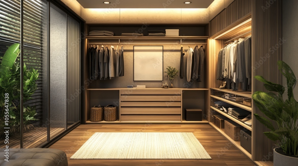 Fototapeta premium Modern wardrobe with organized clothing and natural lighting.