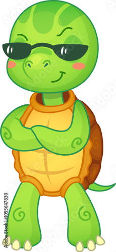Stylish cartoon turtle with sunglasses, arms crossed, and a big smile exudes confidence and playfulness, perfect for kids designs