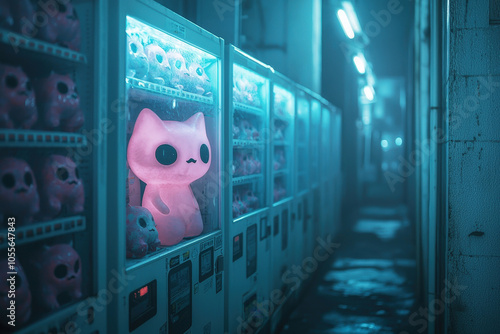 vibrant Gachapon machine filled with glowing pink cat figures in dimly lit alley, creating whimsical and surreal atmosphere