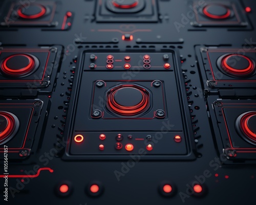 A close-up view of modern technology featuring intricate black panels with glowing red buttons and controls.