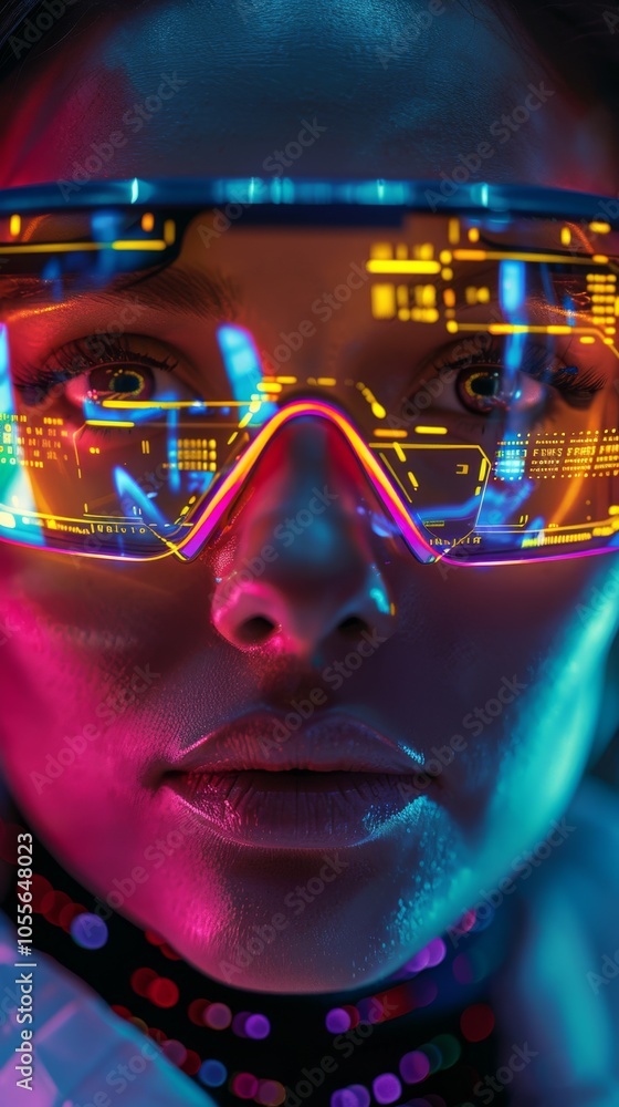 A woman wearing a pair of neon colored glasses. The glasses are glowing and the woman's face is illuminated. The image has a futuristic and sci-fi vibe to it A woman wearing a pair of neon colored glasses. The glasses are glowing and the woman's face is illuminated. The image has a futuristic and sci-fi vibe to it