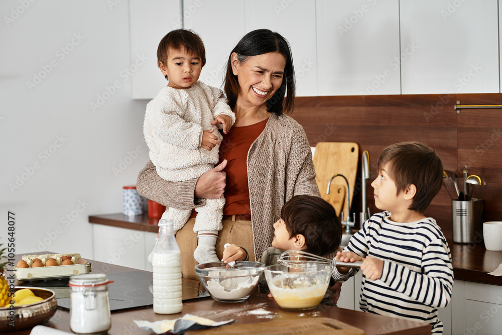 A joyful grandmother shares adorable moments with her grandsons while baking festive treats. A joyful grandmother shares adorable moments with her grandsons while baking festive treats.