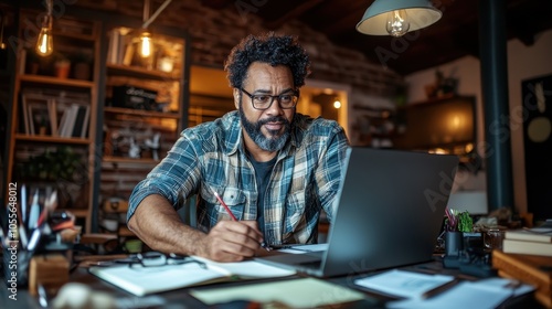 A man writes notes in a trendy workspace featuring moody lighting and industrial decor, symbolizing creativity and deep thought in a modern environment.