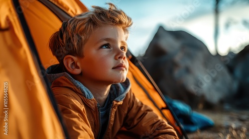 Young boy in a camping tent looks out with admiration at mountain surroundings, capturing the essence of exploration and childhood curiosity under evening skies. photo