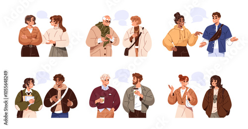 People talk to each other set. Diverse happy men and women chat, communicate in dialog on the go. Friends, employees converse, discuss with speech bubbles. Flat isolated vector illustrations on white
