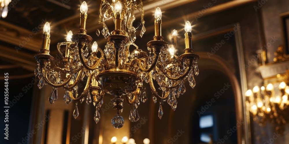 Ornate golden chandelier with crystal drops. Ornate golden chandelier with crystal drops.