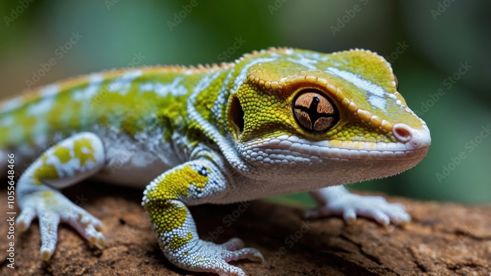 A close-up of a colorful gecko resting on a branch in a natural setting. A close-up of a colorful gecko resting on a branch in a natural setting.