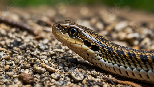 A close-up of a snake resting on gravel, showcasing its intricate scales and patterns.