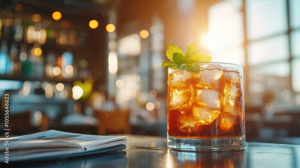 A modern cocktail glass filled with an iced beverage sits on a bar, featuring a mint garnish and glowing in the warm light, depicting sophistication and leisure. A modern cocktail glass filled with an iced beverage sits on a bar, featuring a mint garnish and glowing in the warm light, depicting sophistication and leisure.