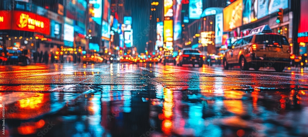 Vibrant City Lights Reflected on Wet Streets on a Rainy Night, Capturing the Energy of Urban Life Vibrant City Lights Reflected on Wet Streets on a Rainy Night, Capturing the Energy of Urban Life