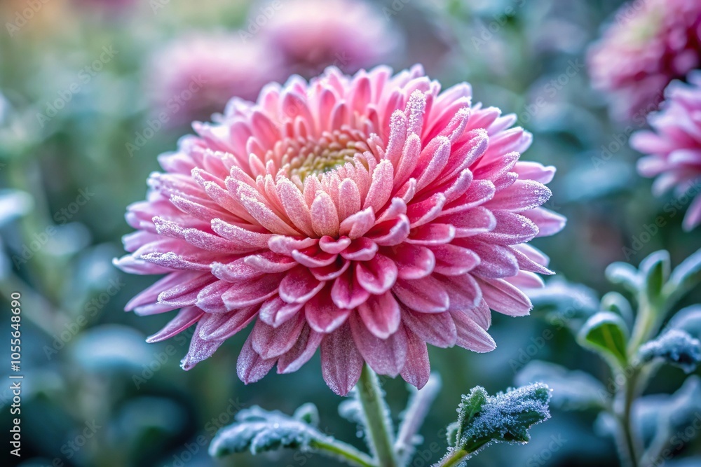 Frost covered pink garden chrysanthemum in minimalist style Frost covered pink garden chrysanthemum in minimalist style