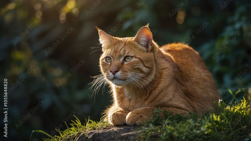 A serene orange cat resting on grass, illuminated by soft sunlight in a natural setting. A serene orange cat resting on grass, illuminated by soft sunlight in a natural setting.