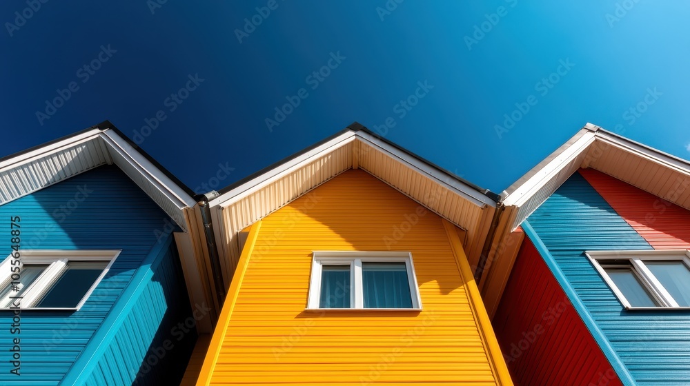 Three colorful houses in shades of blue, yellow, and red under a deep blue sky, highlighting a vibrant community and creative architectural expression. Three colorful houses in shades of blue, yellow, and red under a deep blue sky, highlighting a vibrant community and creative architectural expression.