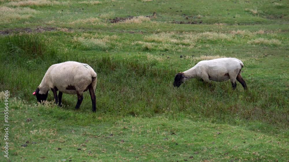 Sheep grazing in a green field. Wild nature. Slow motion 4K Sheep grazing in a green field. Wild nature. Slow motion 4K