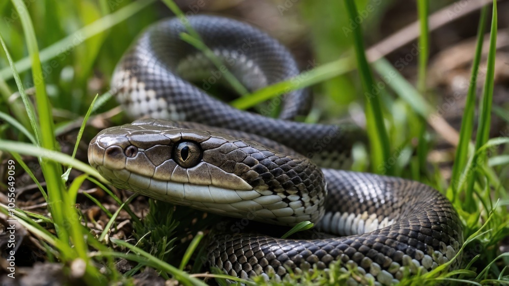 A close-up of a snake resting on grass in a natural setting. A close-up of a snake resting on grass in a natural setting.