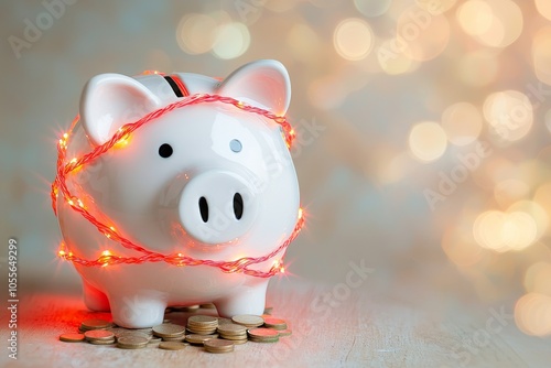 Wallpaper Mural A festive piggy bank wrapped in lights sits on a surface surrounded by coins, symbolizing savings and holiday cheer. Torontodigital.ca